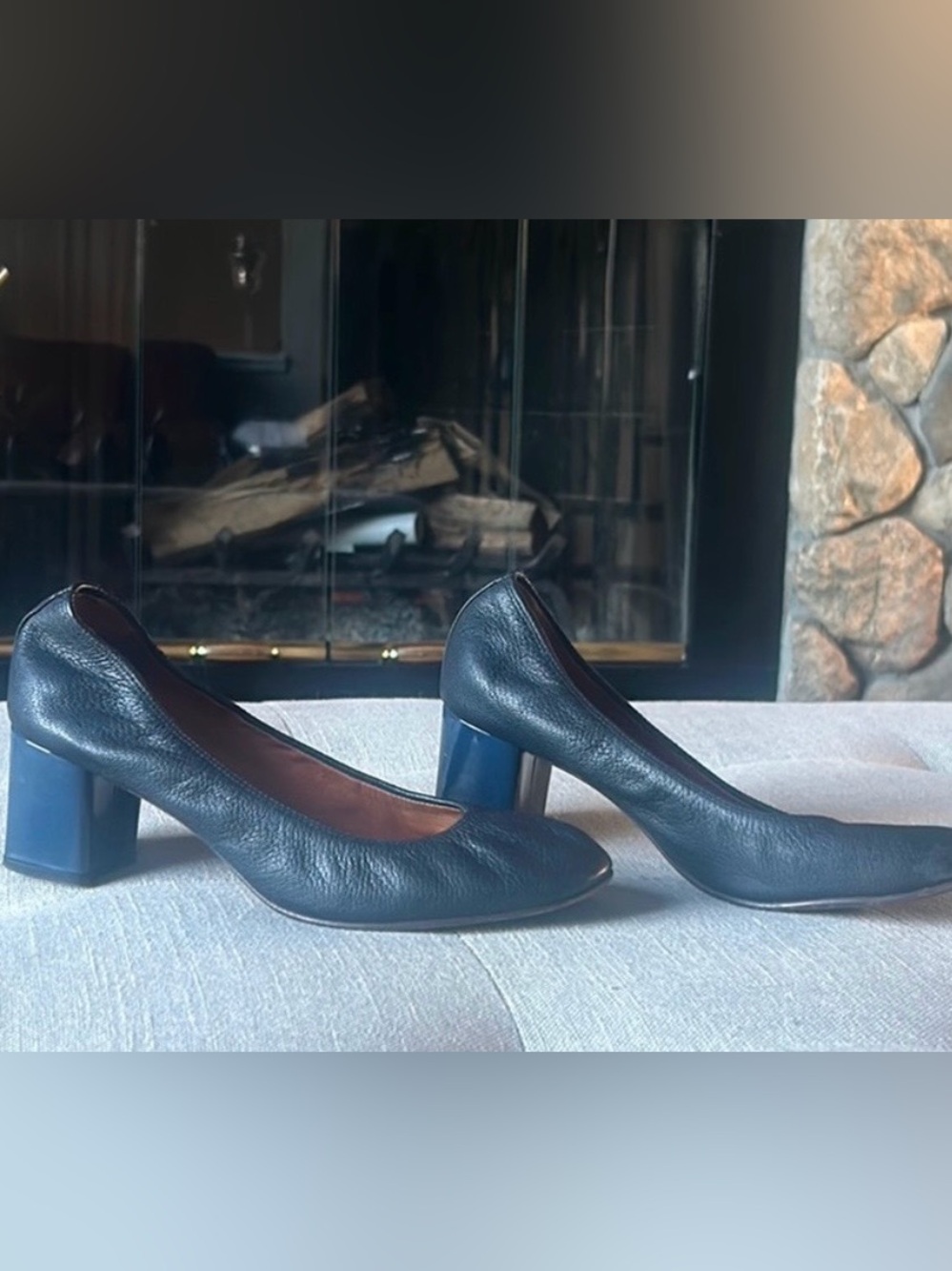 Lanvin Blue Leather Block Heel Pumps